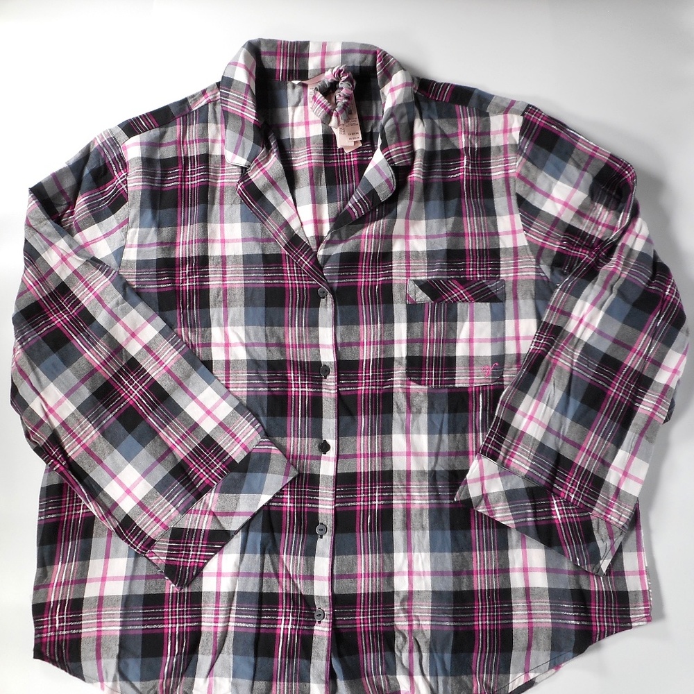 NWT Victoria Secret Flannel Pajama Set XXL 3pc Lounge Black Gray Hot Pink Plaid - Picture 8 of 15